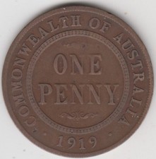 Coin 1919 Australian 1d penny double dot under/over scrolls Commonwealth obverse