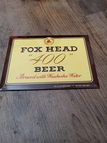 Vintage Fox Head 400 Beer Tin Over Cardboard Advertising Sign 10"x 7.5"