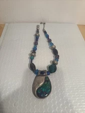 Chico’s Necklace Teal Blue Green Multi-color Large Pendant 16”