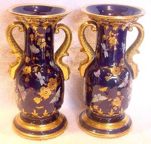 Satsuma Pottery Pair Vases Cobalt Blue w Flying Insects Butterflies c 1900