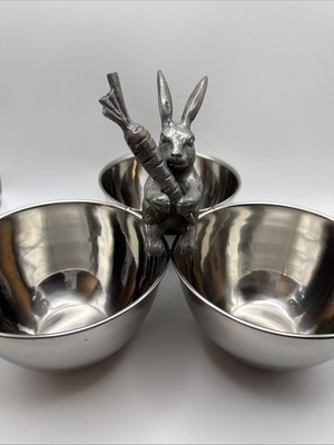 Nicole Miller Home Silver Tone Bunny 3 Bowl Candy Nut Serving Dish Easter Decor