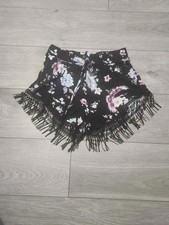 Ladies Black Flora Festival Shorts With Tassels Size M