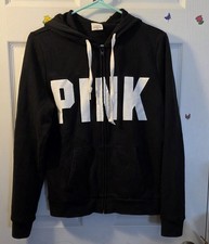 Victoria Secret Sz Medium Womens Black Pink Logo Fleece Hooded Zip Jacket