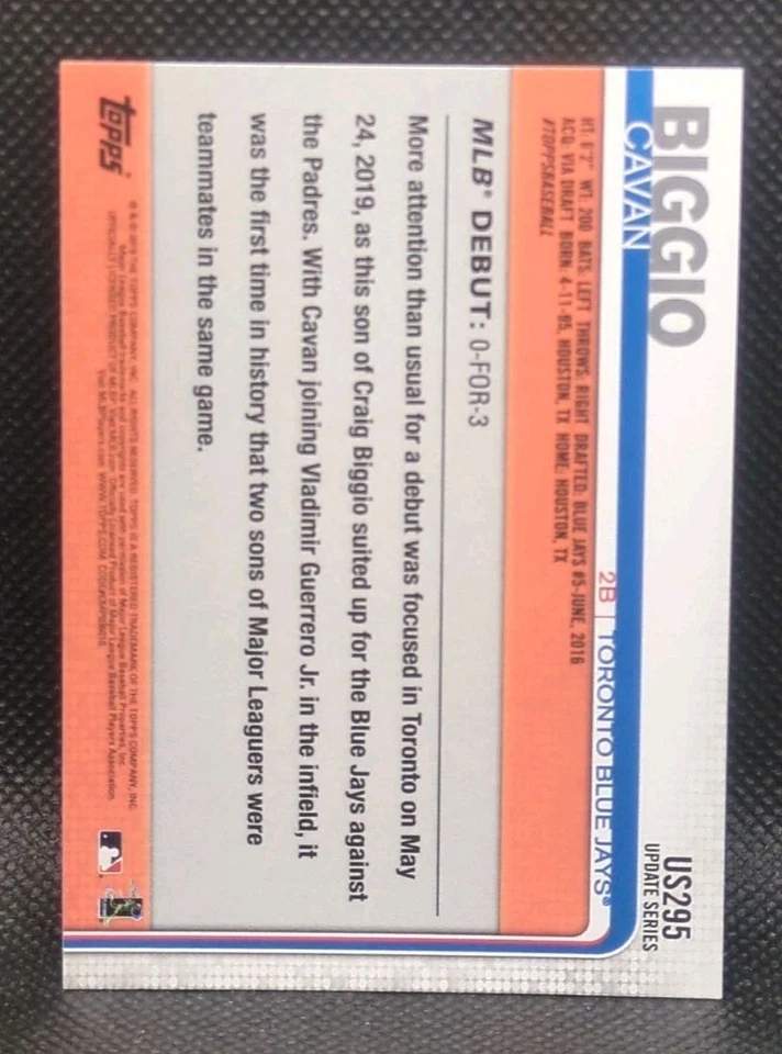 Cavan Biggio 2019 Topps Update #US295 RC Rookie Debut Card Toronto Blue Jays - Image 2 of 2