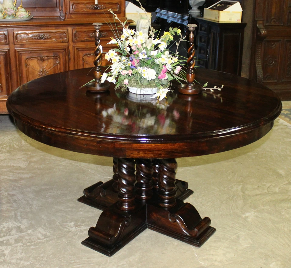 Mesa de comedor y entrada antigua estilo francés 60" redonda de madera maciza cebada torcida  Foto 3 de 4