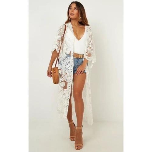 Scalloped Sheer Mesh Lace Boho Kimono Coverup Wrap Duster Women's - Picture 3 of 7