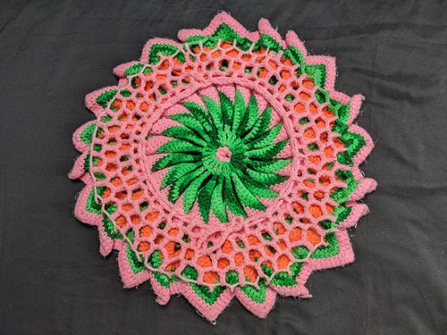 Vintage Circular Crochet Pillow Cover Handmade Multicolor - Picture 3 of 4