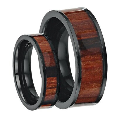 Black Titanium Wedding Ring Genuine Koa Wood Centre Inlay His & Hers 6&8mm Rings