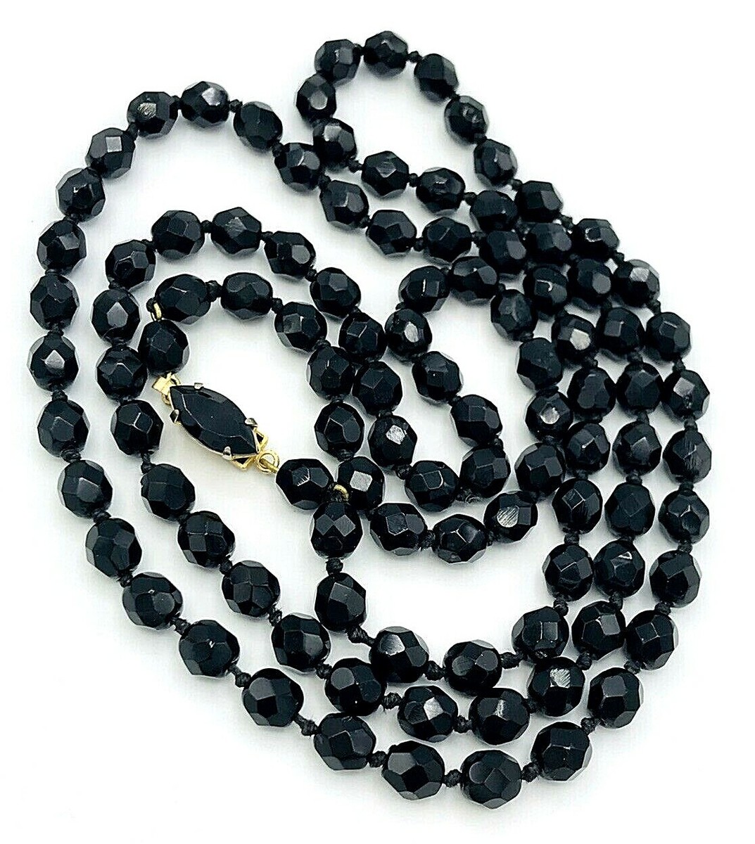 Vintage Hand Knotted Faceted Black Glass Bead Necklace 38