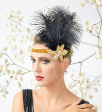 1920s Headband Gold Rhinestone Black Feather Headpiece Flapper Headband