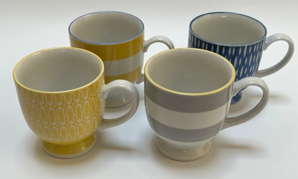 Set of 4 ~ WEST ELM Footed 10 Oz Mugs Coffee Tea JAPAN - Blue Yellow Gray - Image 2 of 4