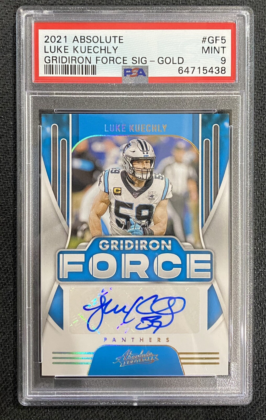 Luke Kuechly Autographed Signed Carolina Panthers 2021 Absolute Gridiron Force s Gold /25 #GF5 Auto PSA 9 