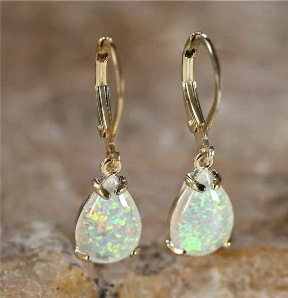 9ct Gold GF Opal White Fire Teardrop  Lever back Earrings FREE BOX (188) - Image 4 of 4