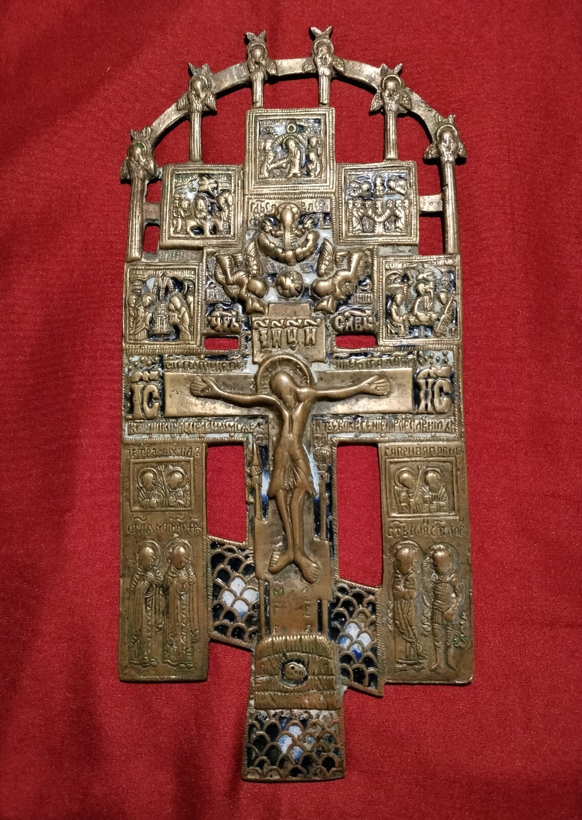 Rare 19 c. Orthodox Old  Believers Bronze Icon Cross Crucifix w/6 Cherub Angels