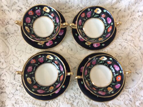 Rare ROYAL DOULTON POPPY Set (4) Double Handled Cream Soup Bowls w/ Saucers - Picture 2 of 10