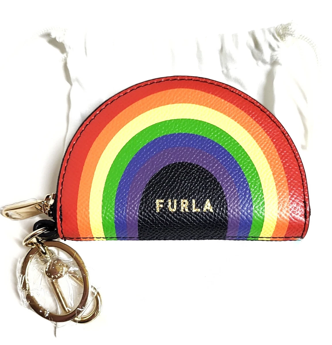 Furla Rainbow Coin Pouch Bag Charm Keychain Nero Black Multi Color
