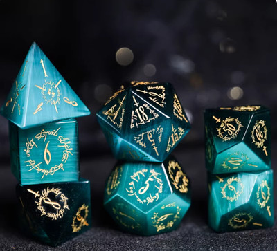 LigDark Green Cat's Eye Gemstone Dice Set Cthulhu COC RPG Elven Script 7pcs MTG