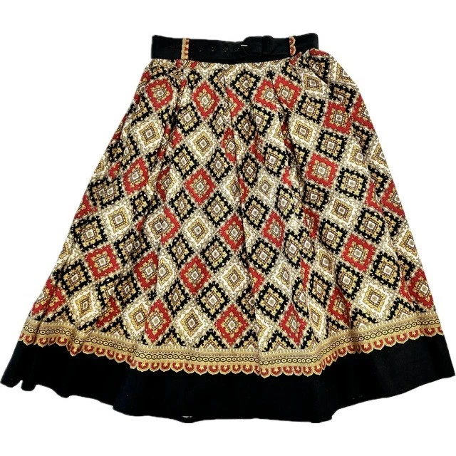 Falda Círculo Completo Vintage Años 60 70 Negra Roja Oro Estampado Diamante Cinturón Midi Pequeña Foto 2 de 4