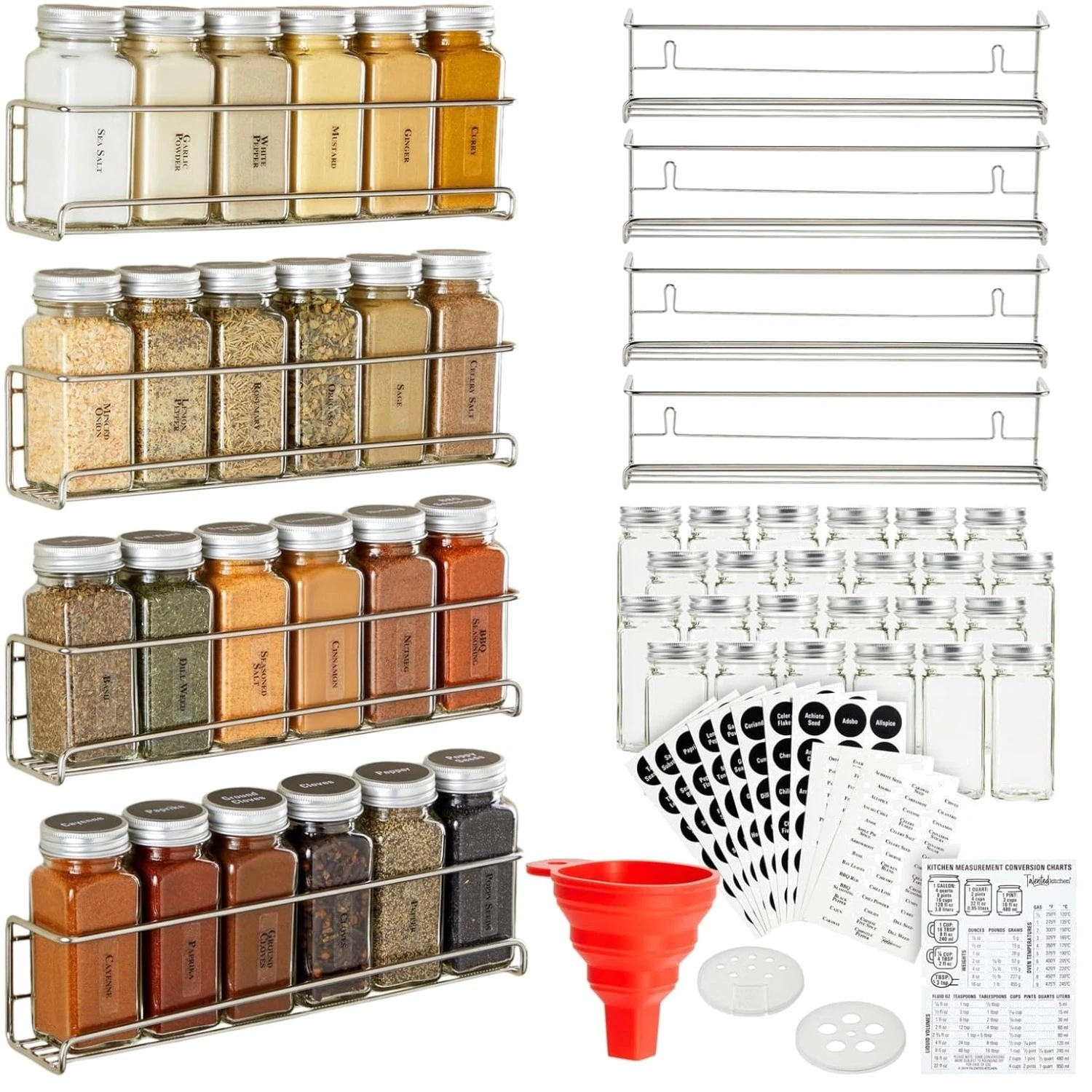 4 Stainless Steel Spice Racks with 24 Glass Jars & Labels