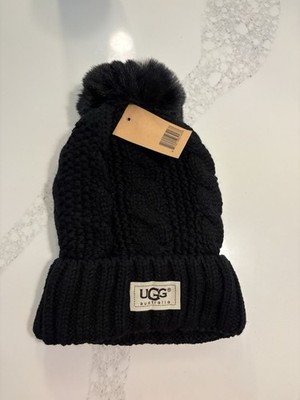 UGG AUSTRALIA LOGO KNIT CUFF BEANIE/ HAT Black ~ONE SIZE~WARM Fur Lined NWT