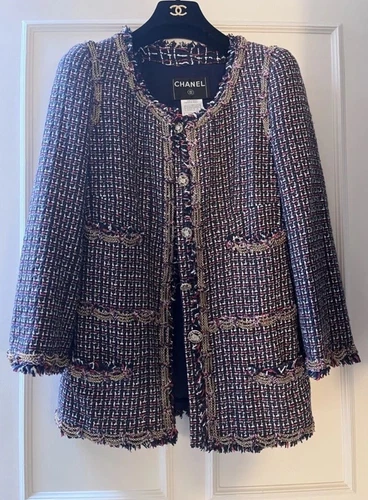 Giacca tweed catena passerella primavera CHANEL 2008 rosso blu taglia 36 08P