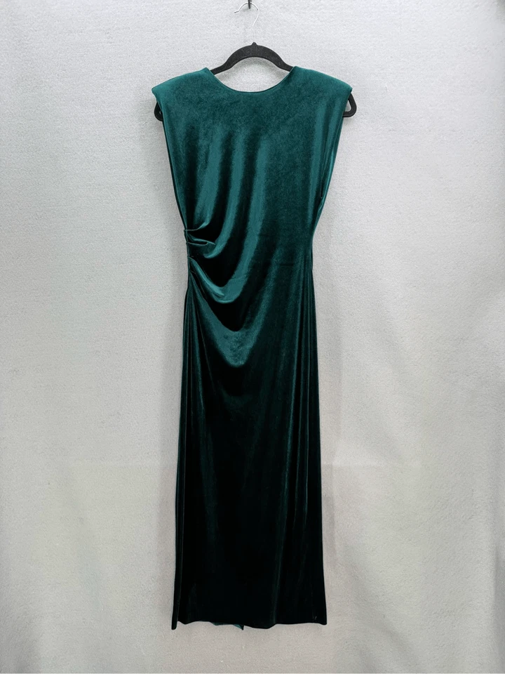 Maxi Vestido Zara Para Mujer Verde Terciopelo Sin Mangas Drapeado Cuello Redondo Abertura Espalda Talla XS Foto 2 de 4