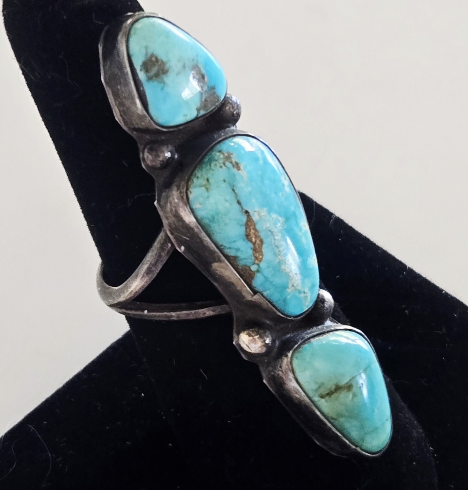 Vintage Old Pawn NAVAJO 3 Stone Green Blue Turquoise Sterling Silver ...