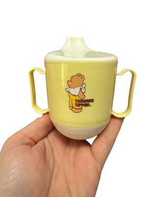 Vintage Tommee Tippee Yellow Trainer Cup Two Handles Bear Weighted Lid