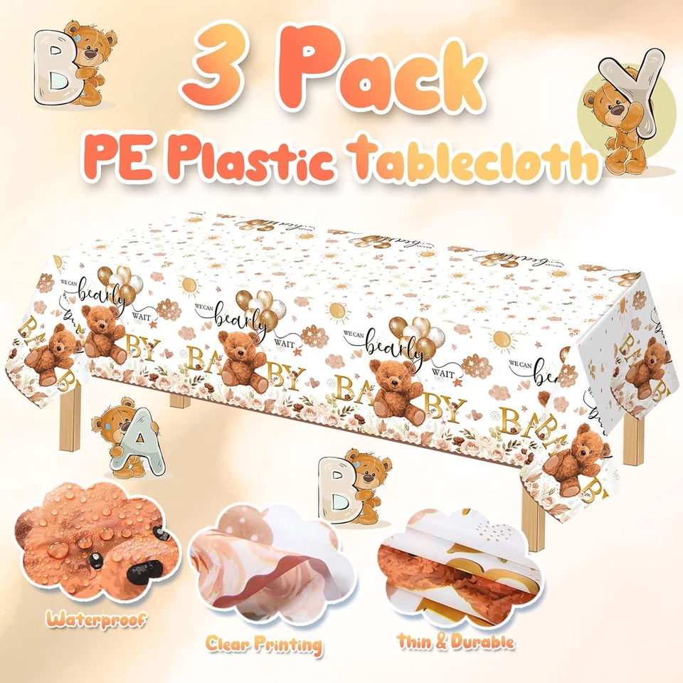 3 Pcs Bear Baby Shower Decorations Tablecloth We Can Bearly Wait Bear Table Cove - Image 3 of 4