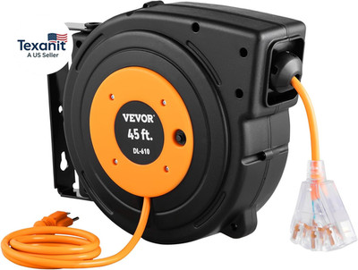 Retractable Extension Cord Reel, 45 FT, Heavy Duty 12AWG/3C SJTOW Power Cord, wi