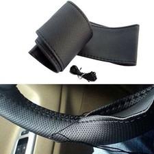 DIY Leather Car Steering Wheel Cover Needle Thread Anti-slip Black 15