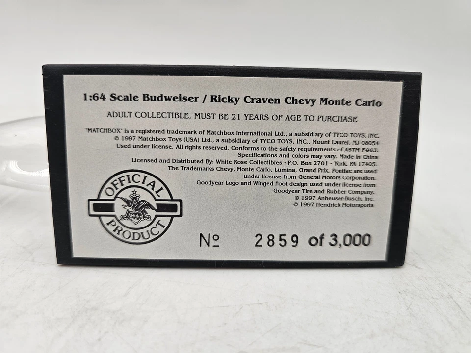 Matchbox Nascar 1997 Ricky Craven #25 Budweiser Monte Carlo en botella de vidrio 1:64 Foto 3 de 3