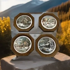 Vintage Currier and Ives Octagon Wall Plaques set of 4 No Damage