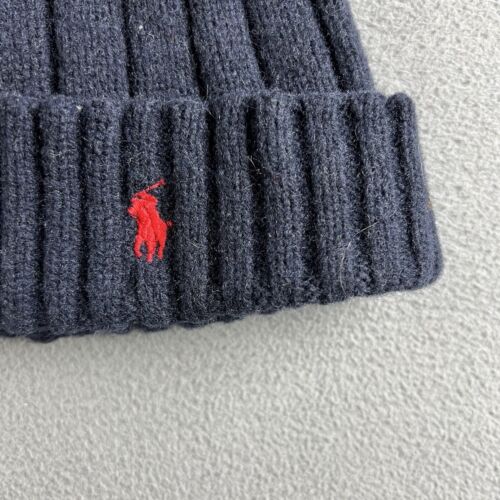 POLO Ralph Lauren Navy Blue Red Pony Beanie Kids Wool Blend Fisherman Ribbed - Picture 2 of 5
