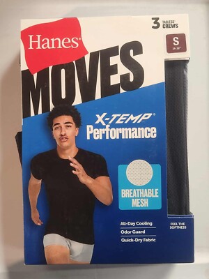 3 Pack Hanes Moves X-Temp Performance Men's Small Tagless Crew Shirts ...