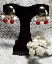 Earring Gold Tone White Red Dangle Balls Post Pierce 1.5" 4th July Jewerly Nice!