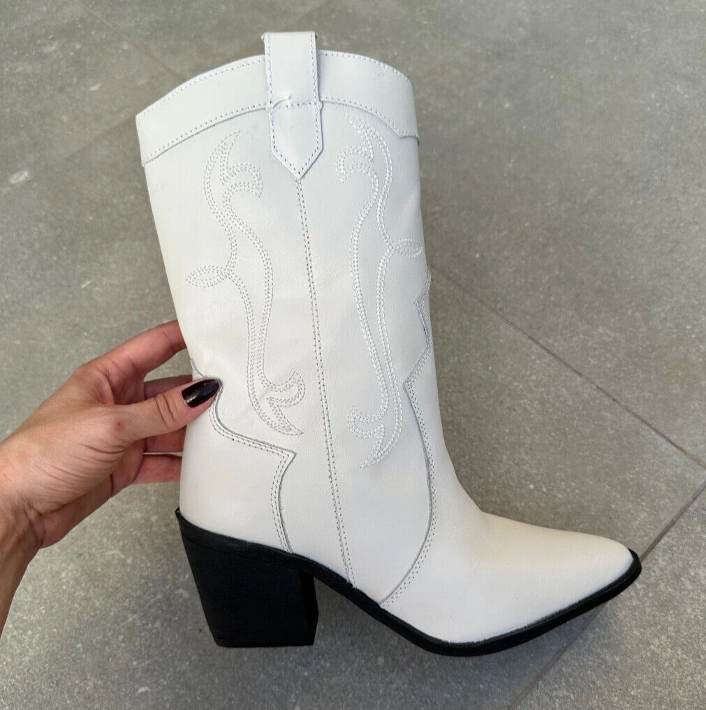 ZARA LEATHER COWBOY HEEL ANKLE BOOTS WHITE 35-42 REF.3106/510