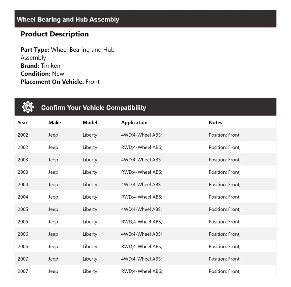 Conjunto de cojinete de rueda y buje delantero Timken 2003 2004 para Jeep Liberty 2002-2007 Foto 2 de 4