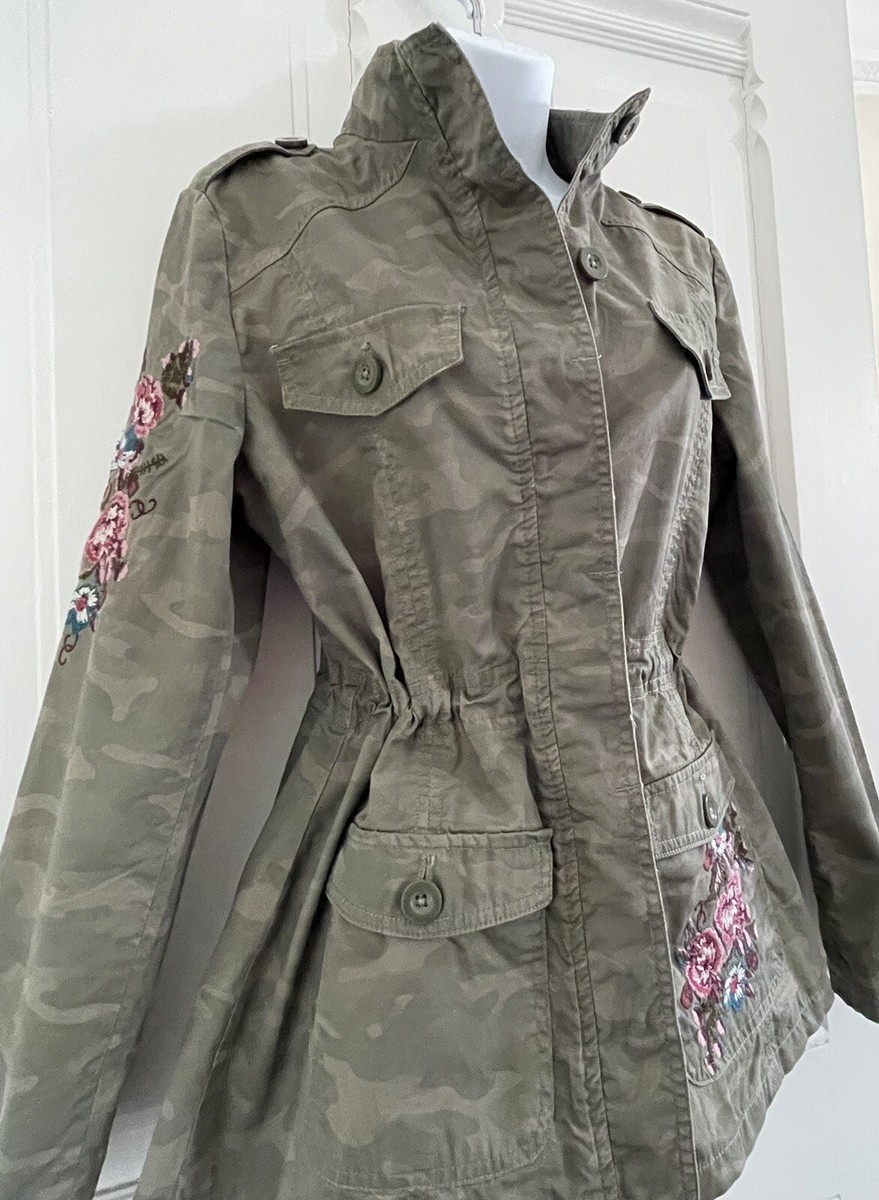 Vtg Y2K Ruff Hewn Camo Embroidered Flower Cinch Waist Jacket