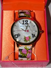 NEW Betsey Johnson Boyfriend Watch Black White Stripes Pink Roses