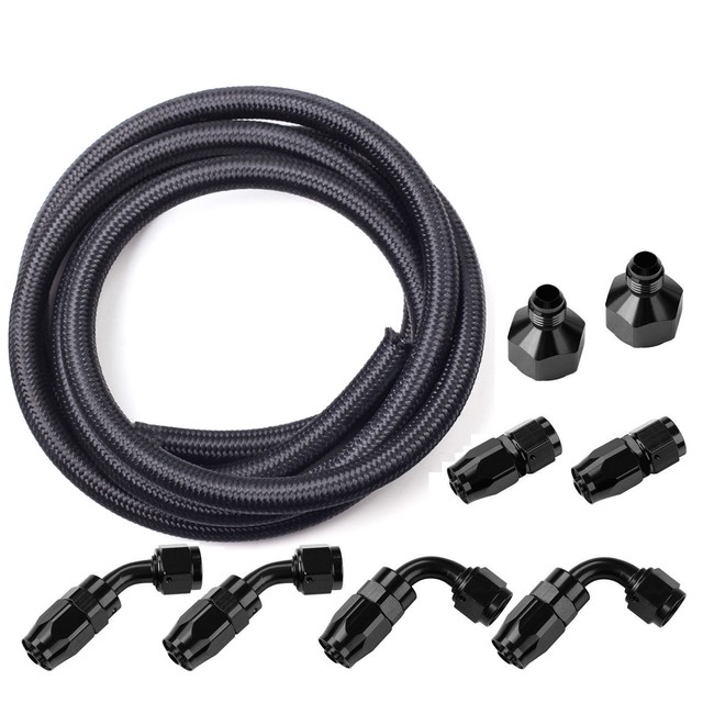 6AN 12Ft Stainless Steel Braided Fuel Line + 8Pc Black Swivel Fitting