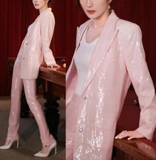 Women's Sequin Suit Peak Lapel Single Breasted Casual Party Activewear 2 Pcs