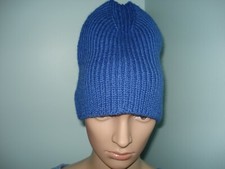 Hand ribbed knit hat 100  thick Merino Wool Unisex blue