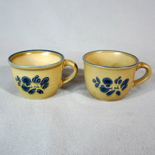 Pfaltzgraff Stoneware Folk Art Brown Blue Coffee Tea Mug Cup #001 - Set of 2
