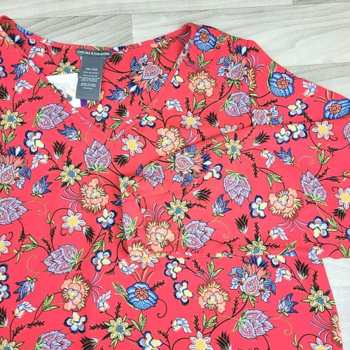 Chelsea & Theodore Blouse Womens XXL Crossover Woven Top Red Floral Print NWT - Picture 3 of 10