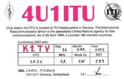ITU Headquarters Geneva Switzerland 4U1ITU QSL Radio Postcard