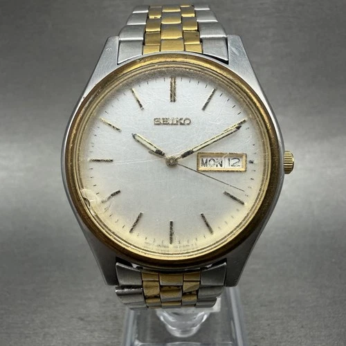 Seiko Watch Men 37mm Silver Dial Two Tone Daydate Round 7N43-9048 New Battery