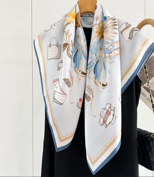 Pure 14 Momme Silk Bandana Scarf Shawl 90X90cm Neckerchief shrub Print Wrap new