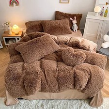 Faux Fur Colorful Comforter Sets - 3PC Bed Set Ultra Warm Soft Queen Coffee