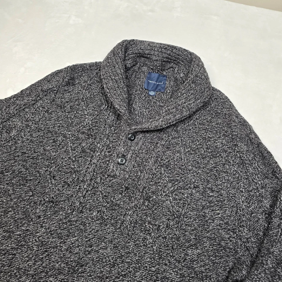 Suéter masculino American Eagle xale gola cabo malha 3XL cinza botão urze - Imagem 4 de 4